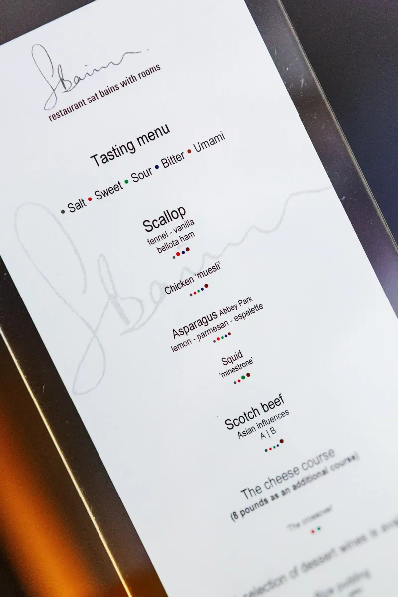 The printed tasting menu at Restaurant Sat Bains with rooms, Nottingham, listing the five basic tastes