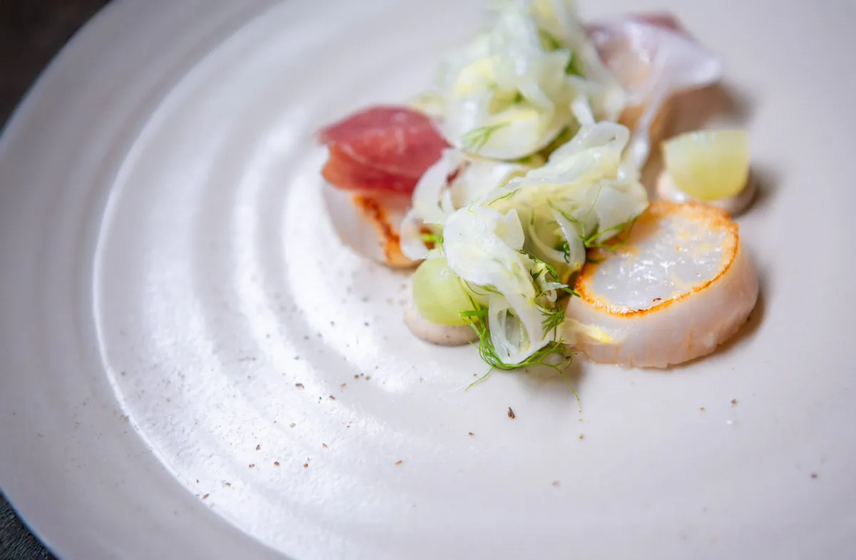 Scallop dish with shaved fennel ribbons, Bellota cured ham, green grapes and cream on a textured white plate at Sat Bains