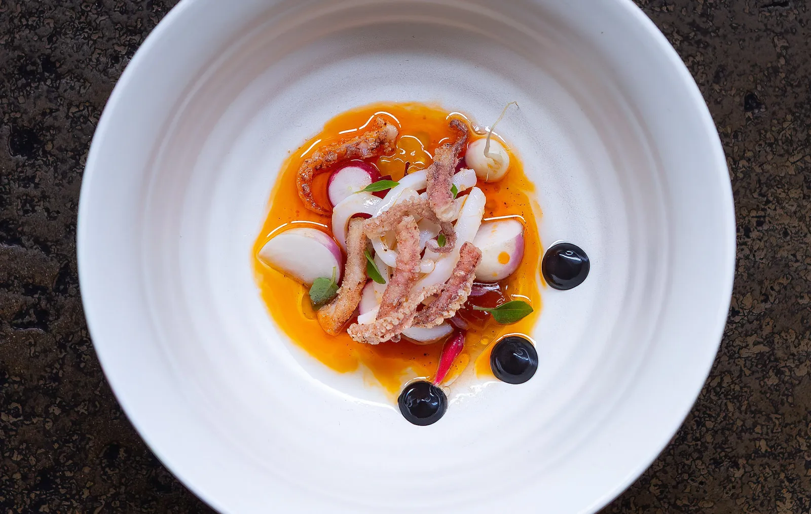 Overhead seafood course at Sat Bains, tender squid rings, sliced radishes and micro leaves in bright orange oil with three dots of black sauce