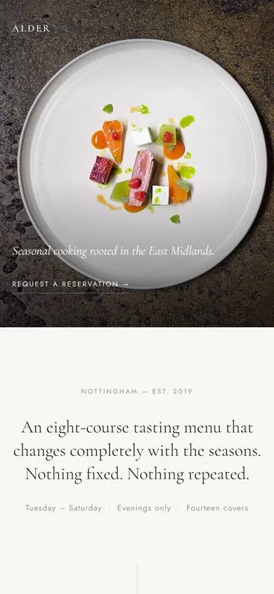 Alder Restaurant website on mobile